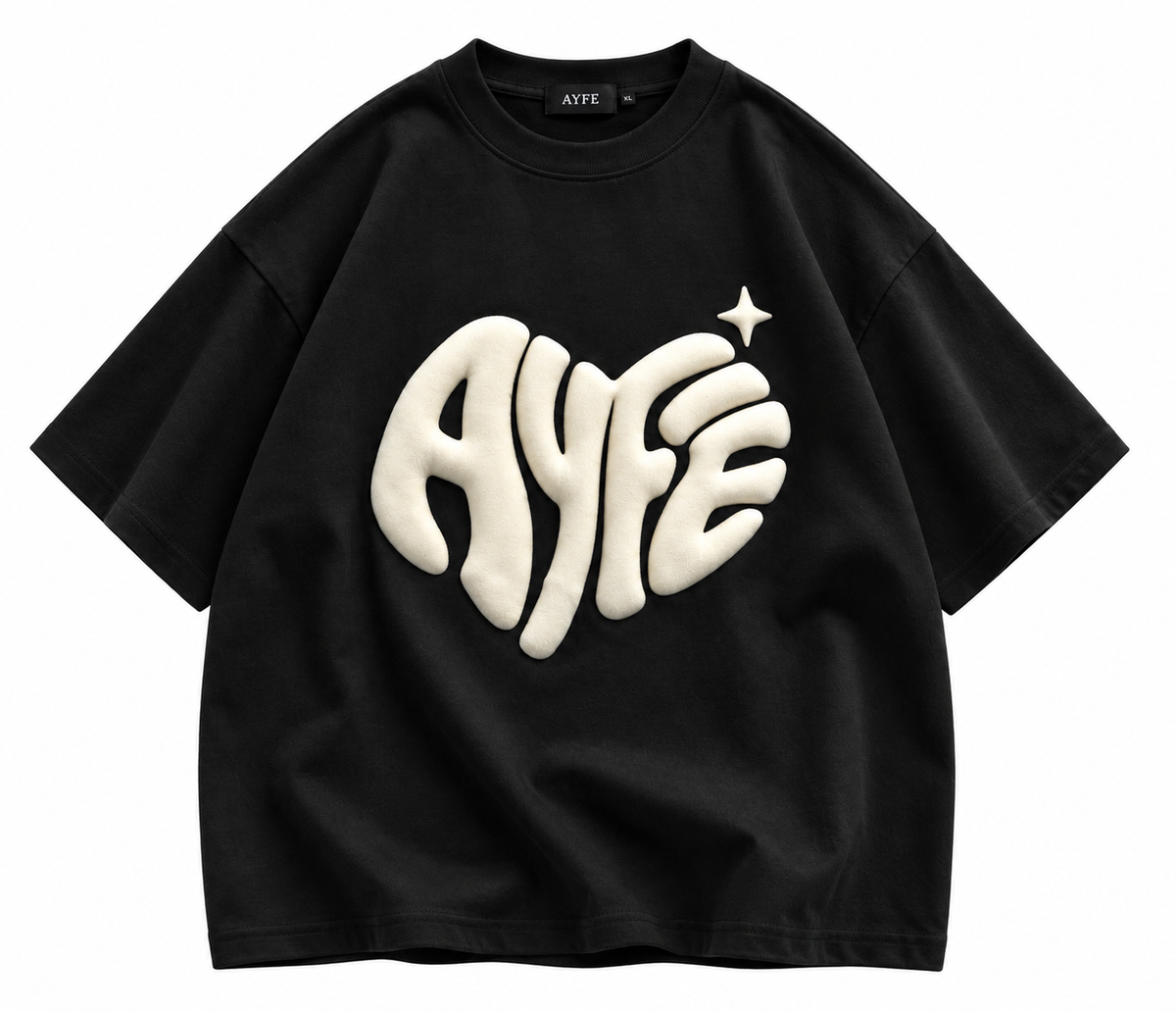 AYFE black oversized tee with cream print, design preview