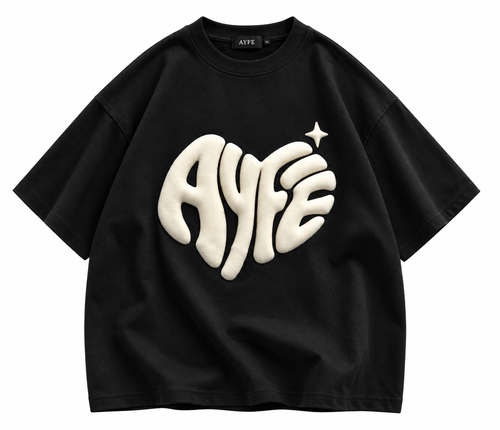AYFE black oversized tee with cream print, design preview