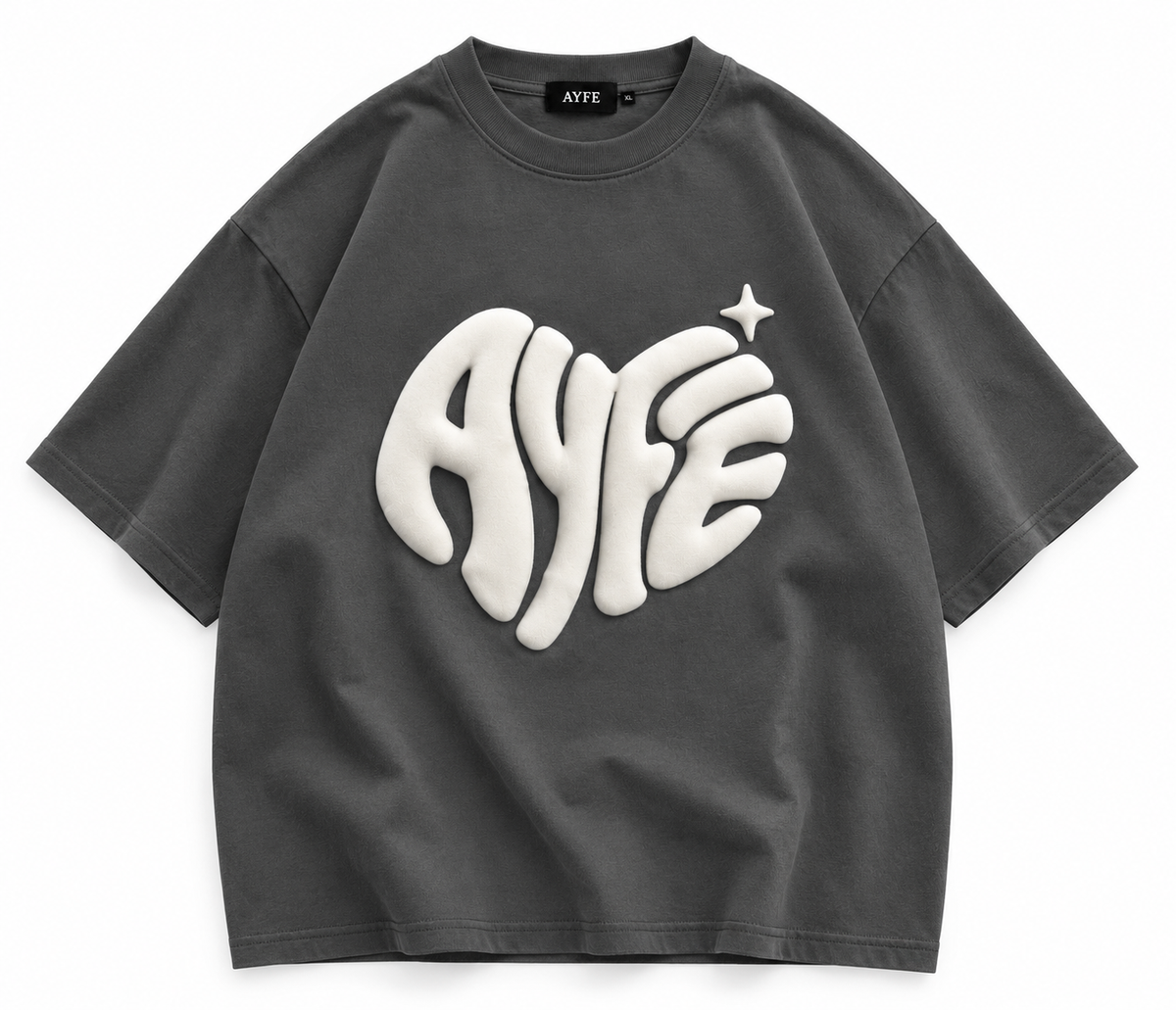 AYFE charcoal oversized tee with cream print, design preview