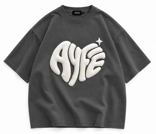 AYFE charcoal oversized tee with cream print, design preview