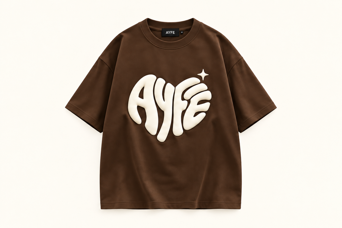AYFE chocolate oversized tee with cream print, design preview