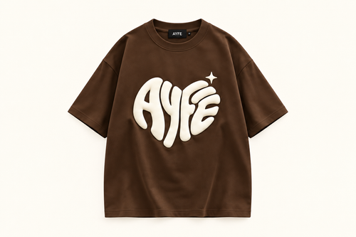 AYFE chocolate oversized tee with cream print, design preview