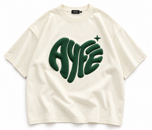 AYFE cream oversized tee with green print, design preview
