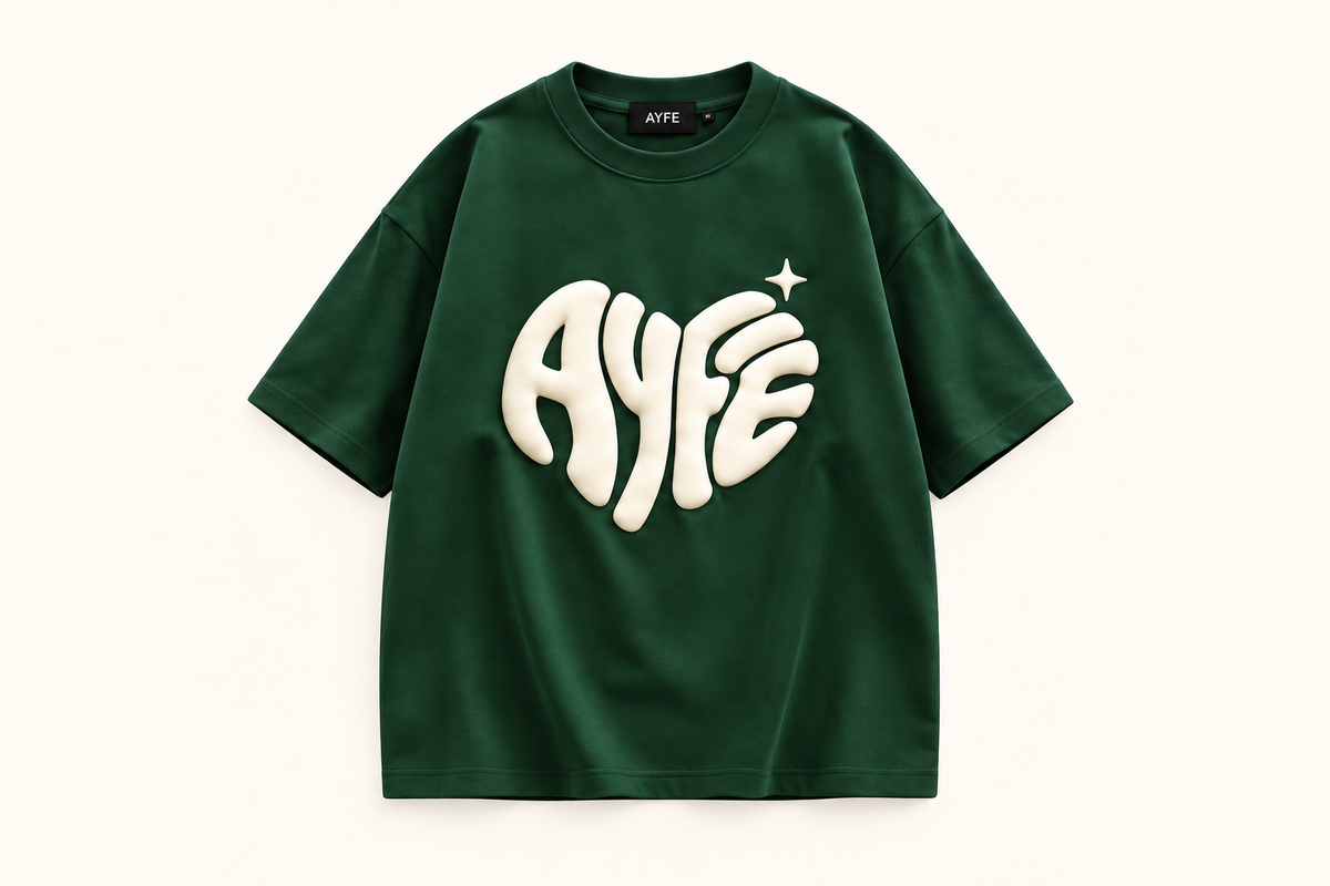 AYFE forest green oversized tee with cream print, design preview