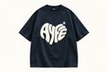 AYFE navy oversized tee with cream print, design preview
