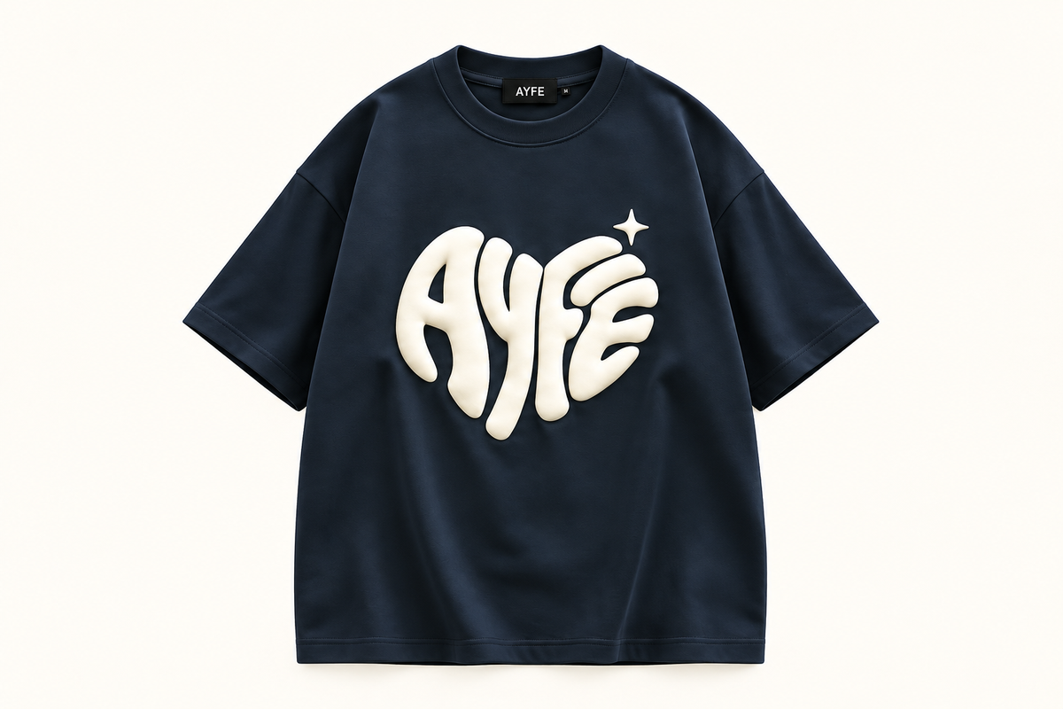 AYFE navy oversized tee with cream print, design preview