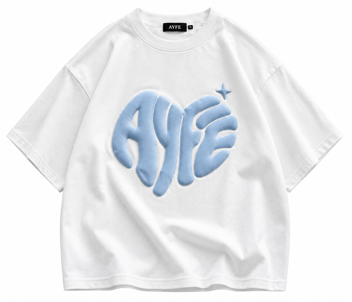 AYFE white oversized tee with blue print, design preview